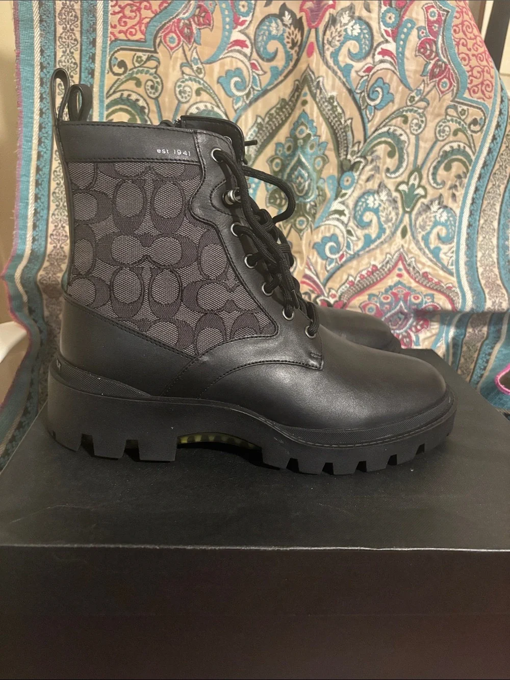Coach 1941 Men’s Black Signature Combat boots- Lace Up and Side Zip🖤
